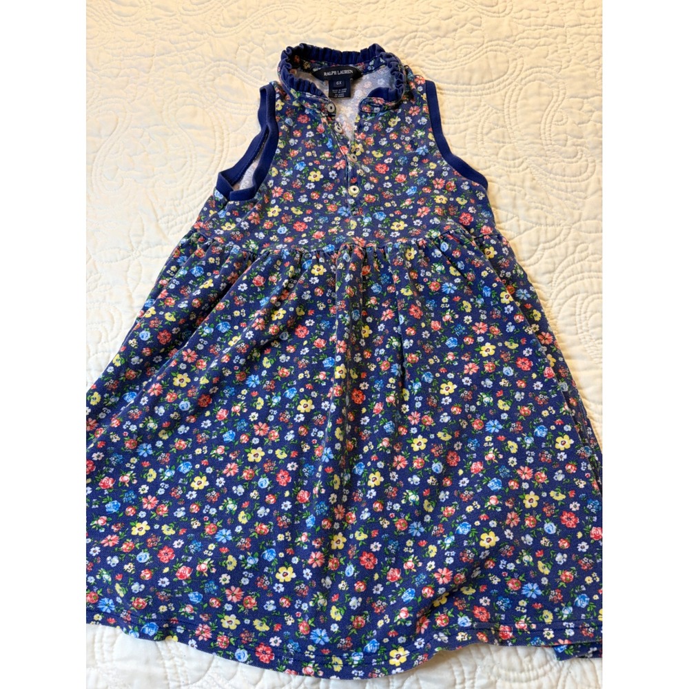 Ralph‎ Lauren Polo Dress Girls 6X Navy Blue Floral Ruffle Cotton Pique